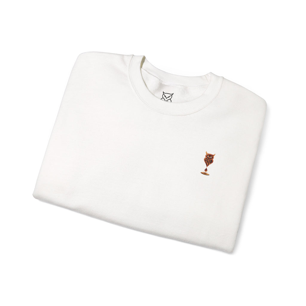 Rare Lab Drip Owl crewneck: Rare Lab owl in glossy amber with an espresso drop, on the left chest