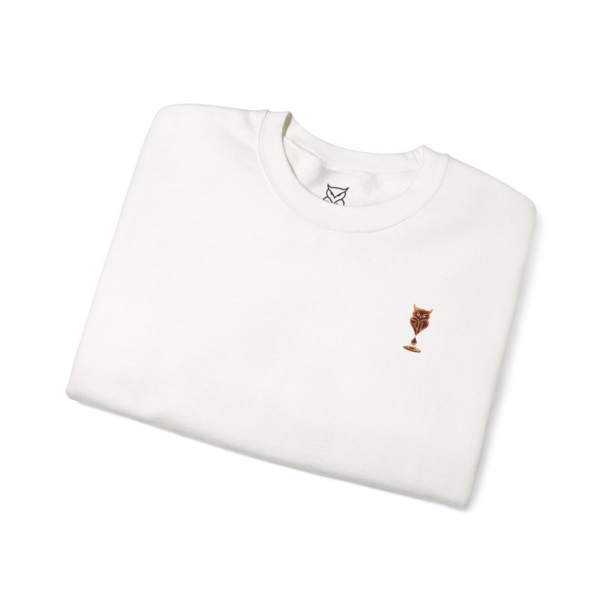 Rare Lab Drip Owl crewneck: Rare Lab owl in glossy amber with an espresso drop, on the left chest