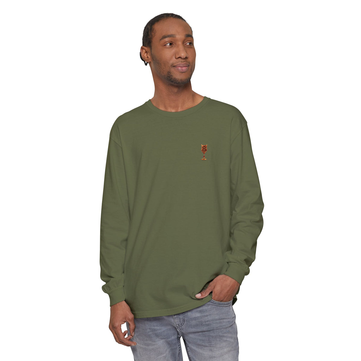 Rare Lab Drip Owl long sleeve tee: Rare Lab owl in glossy amber with an espresso drop, on the left chest