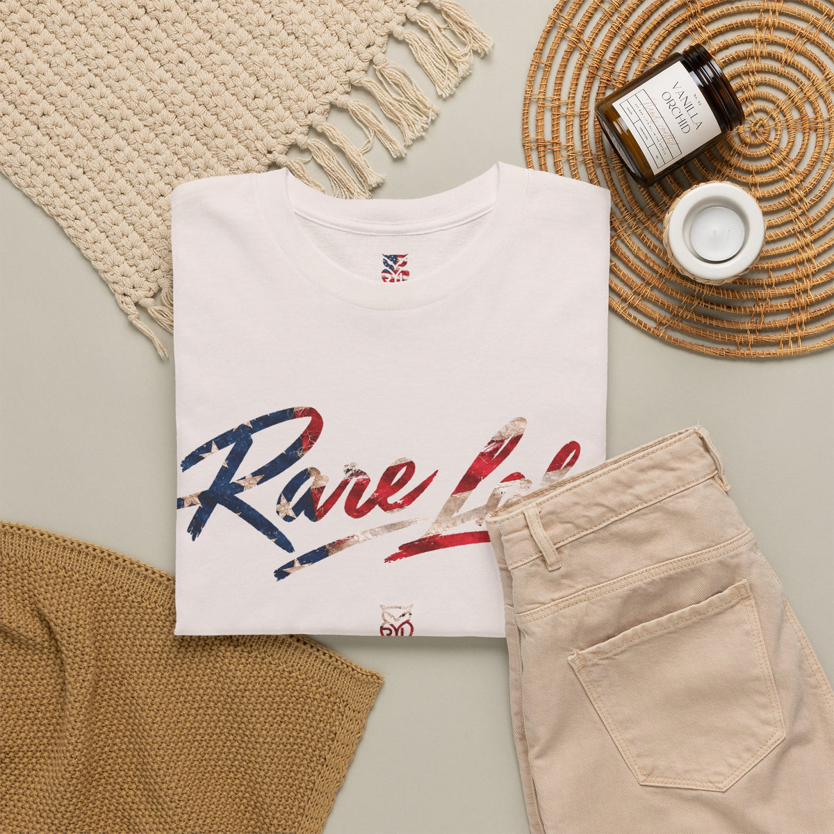 Rare Lab Brush Stroke American Flag tee: faded brush stroke logo in flag colors across the chest