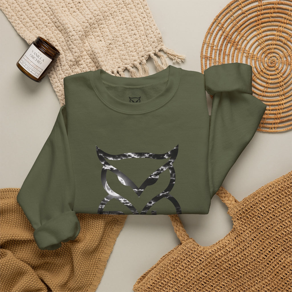 Rare Lab Midnight Owl crewneck in Irish Green: large night-sky owl on the front, C10 truck under a full moon on the back