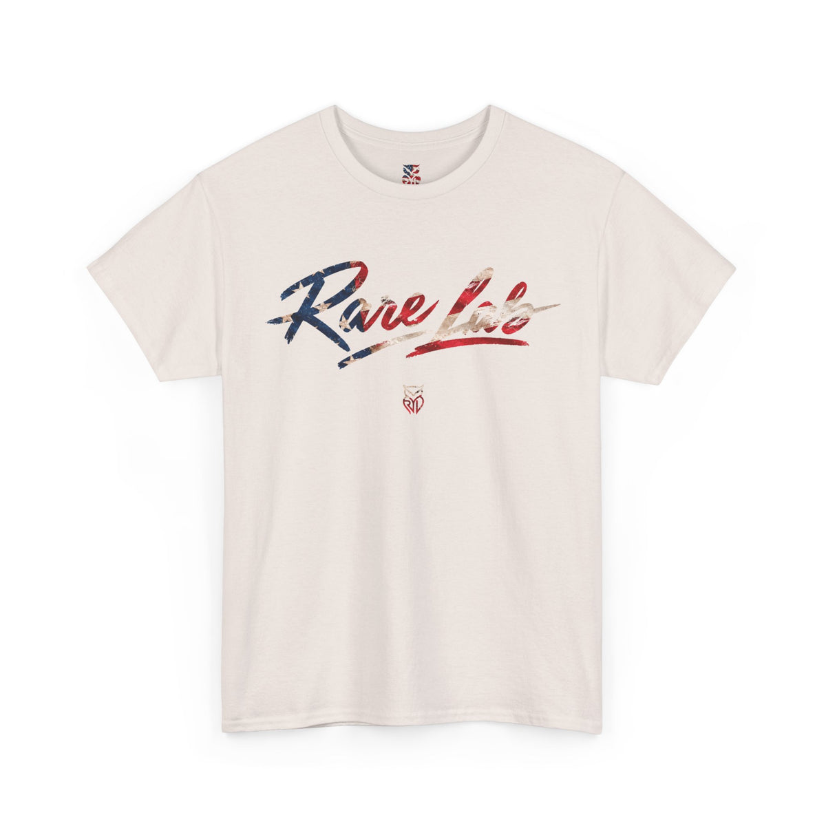 Rare Lab Brush Stroke American Flag tee: faded brush stroke logo in flag colors across the chest