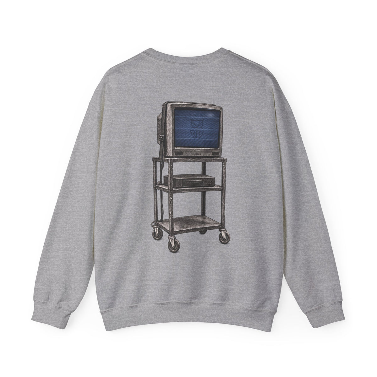 Rare Lab Retro TV Cart crewneck: small owl logo on the chest, faded TV on a rolling cart on the back