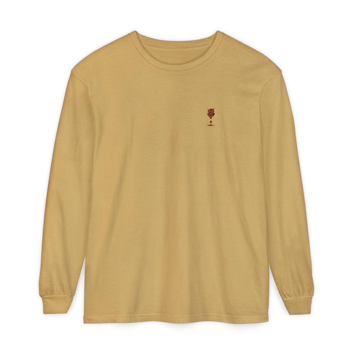 Rare Lab Drip Owl long sleeve tee: Rare Lab owl in glossy amber with an espresso drop, on the left chest