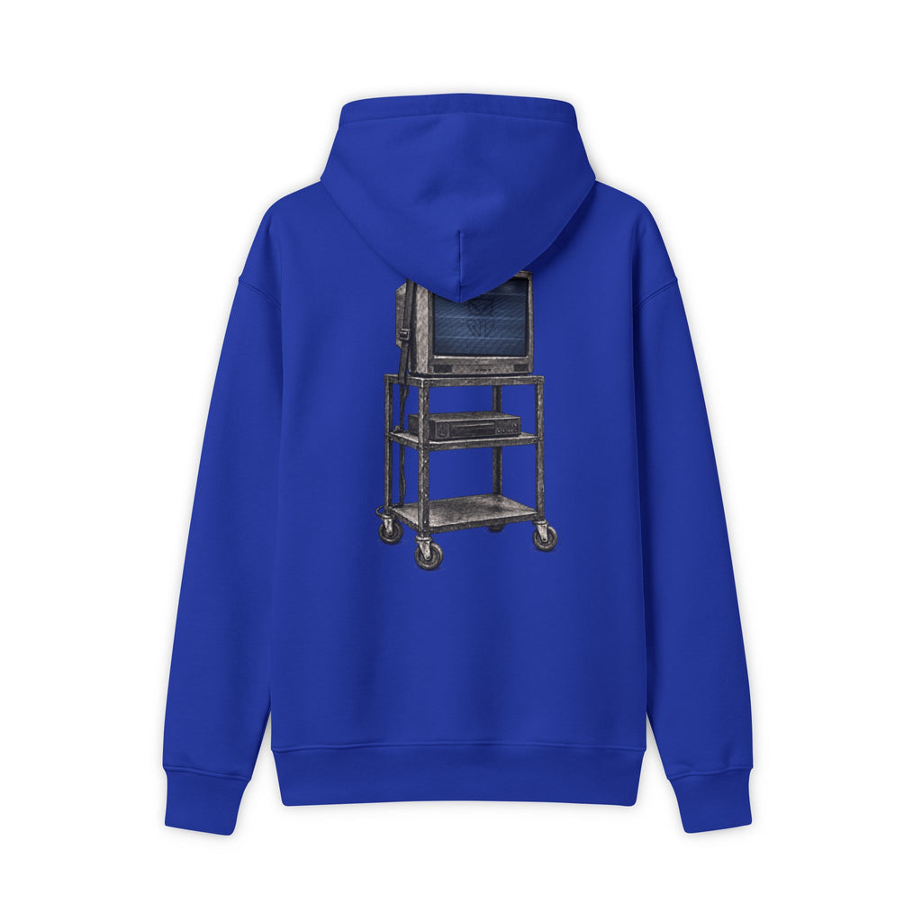 Rare Lab Retro TV Cart hoodie: minimal linework on the chest, vintage TV on a rolling cart on the back