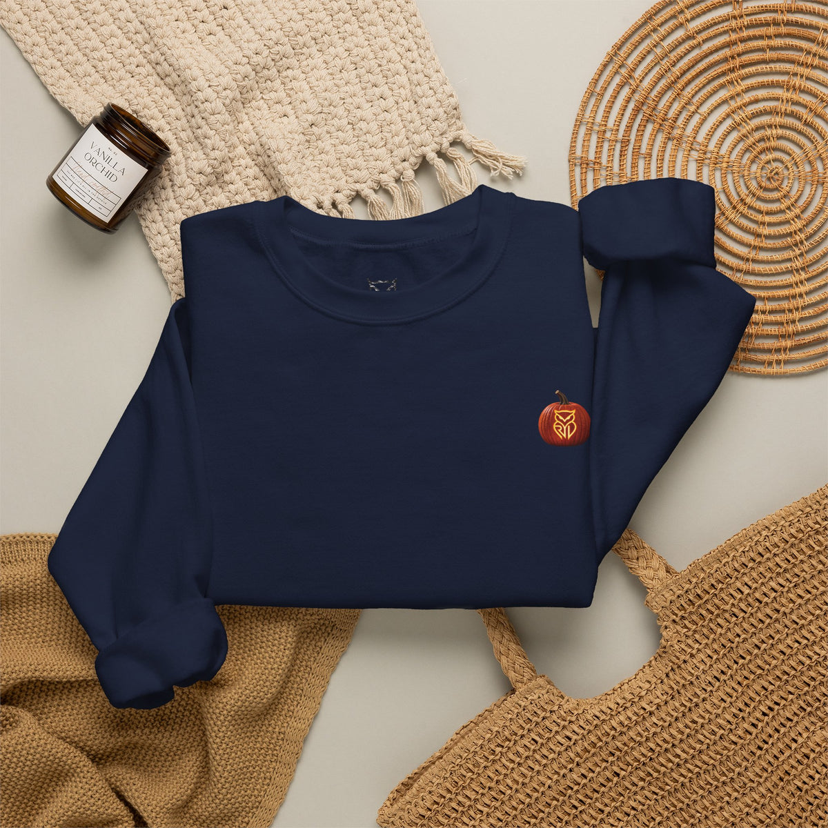 Rare Lab After Dark crewneck sweatshirt: small glowing Rare Lab owl jack-o'-lantern on the chest, C10 truck with owl jack-o'-lantern headlights on the back