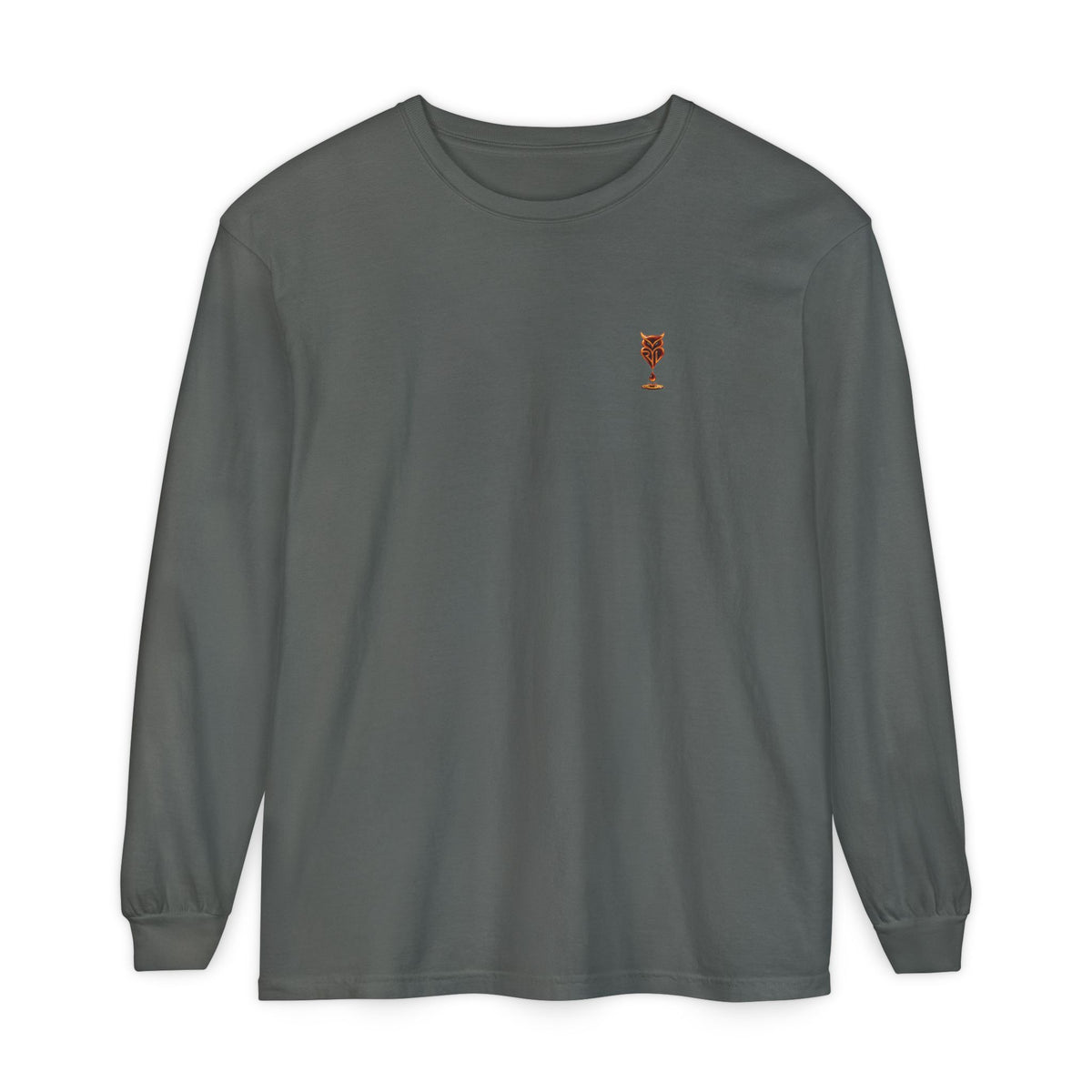 Rare Lab Drip Owl long sleeve tee: Rare Lab owl in glossy amber with an espresso drop, on the left chest