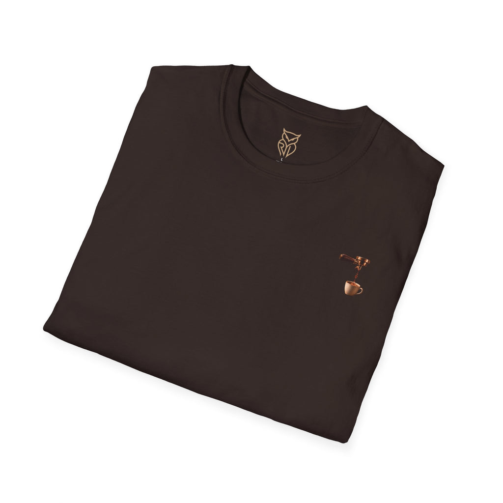 Rare Lab Espresso Drip tee: small Rare Lab Drip espresso design on the chest