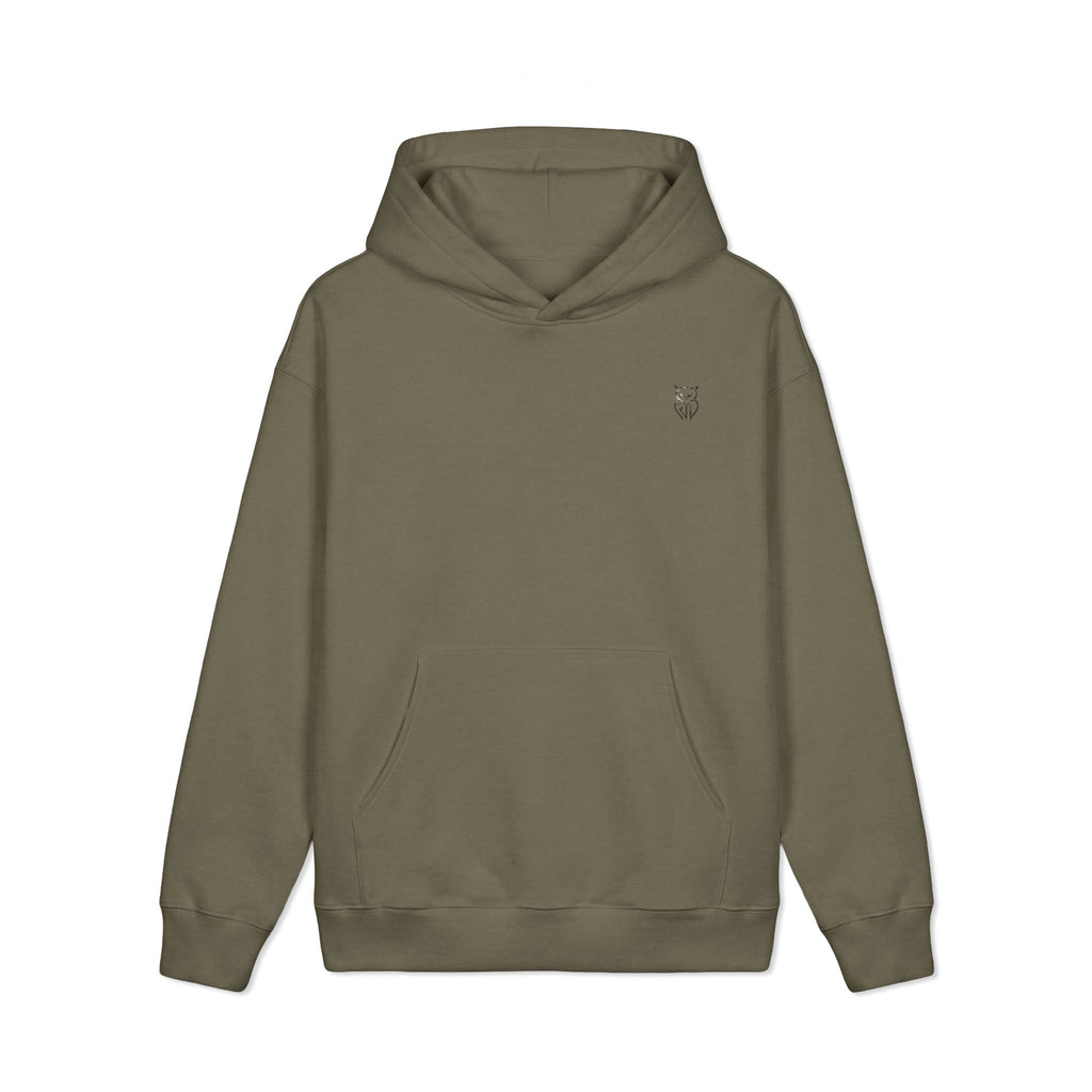 Rare Lab Midnight Owl heavyweight hoodie with a small moonlit, night-sky-filled Rare Lab owl logo on the chest