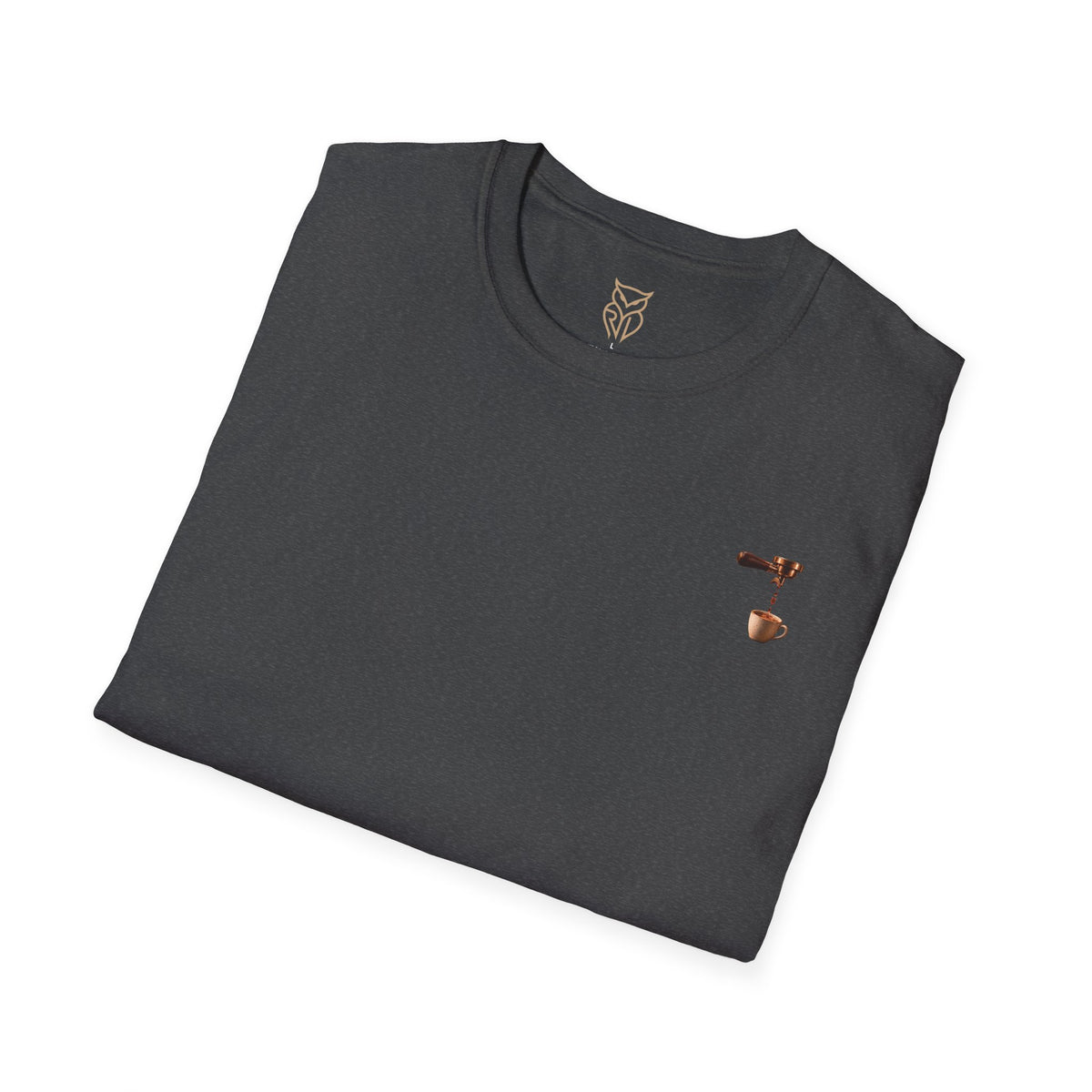 Rare Lab Espresso Drip tee: small Rare Lab Drip espresso design on the chest