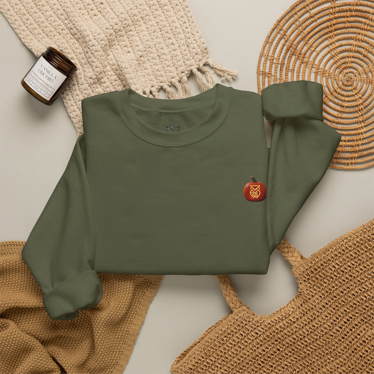 Rare Lab After Dark crewneck sweatshirt: small glowing Rare Lab owl jack-o'-lantern on the chest, C10 truck with owl jack-o'-lantern headlights on the back