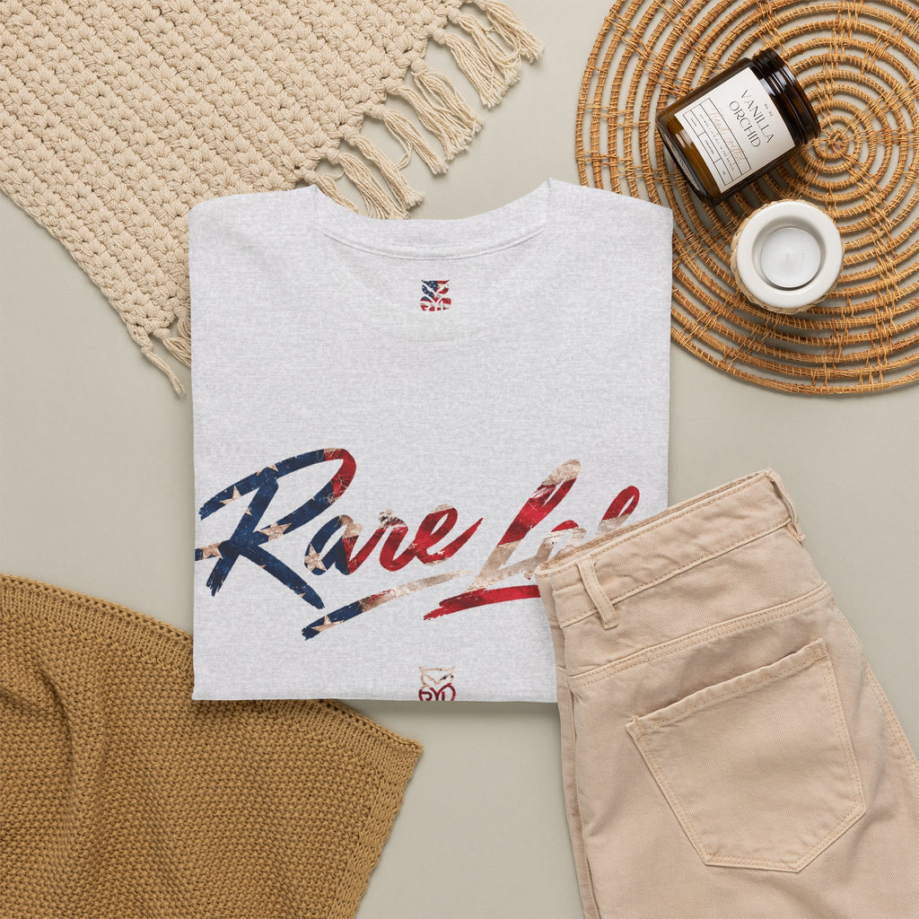 Rare Lab Brush Stroke American Flag tee: faded brush stroke logo in flag colors across the chest