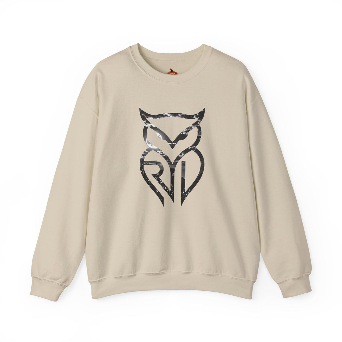 Rare Lab Owl Lantern crewneck sweatshirt: glowing Rare Lab owl jack-o'-lantern on the front, moonlit pumpkin patch scene on the back