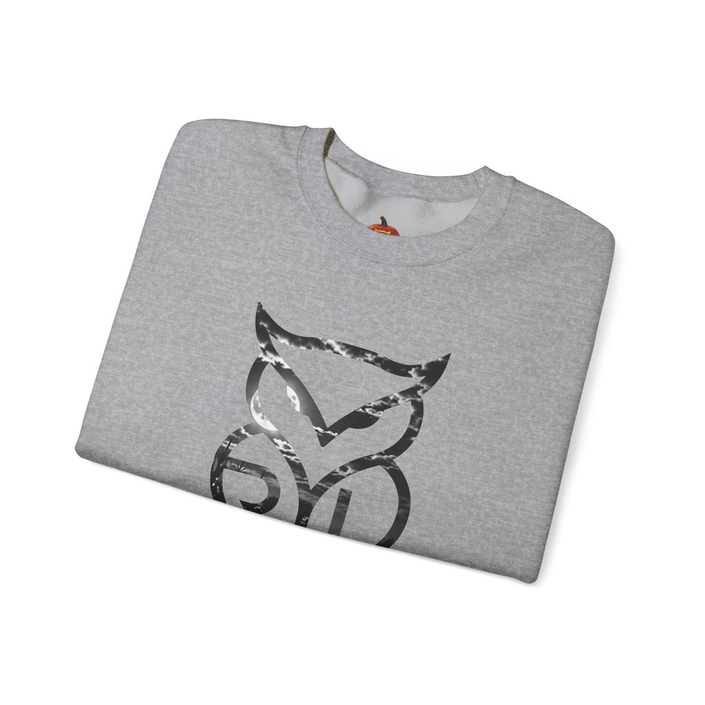 Rare Lab Owl Lantern crewneck sweatshirt: glowing Rare Lab owl jack-o'-lantern on the front, moonlit pumpkin patch scene on the back