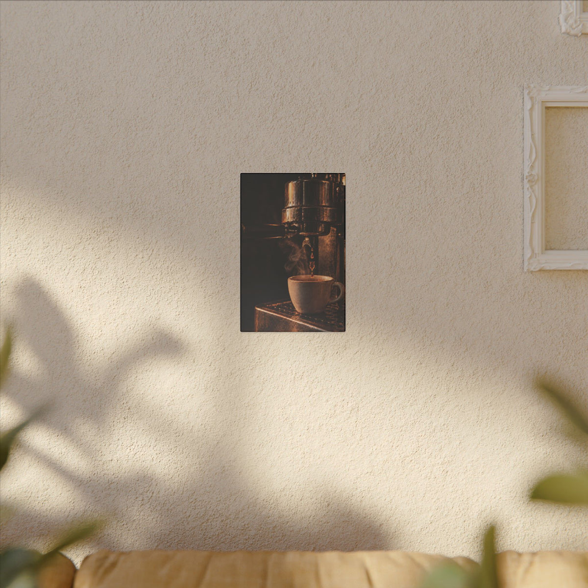 Rare Lab Drip espresso machine canvas: a slow espresso pour and a steaming cup in warm amber tones