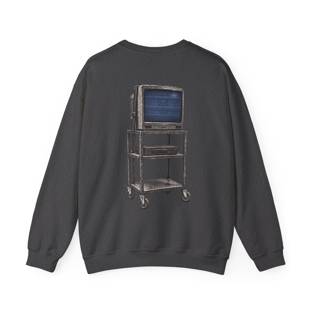 Rare Lab Retro TV Cart crewneck: small owl logo on the chest, faded TV on a rolling cart on the back