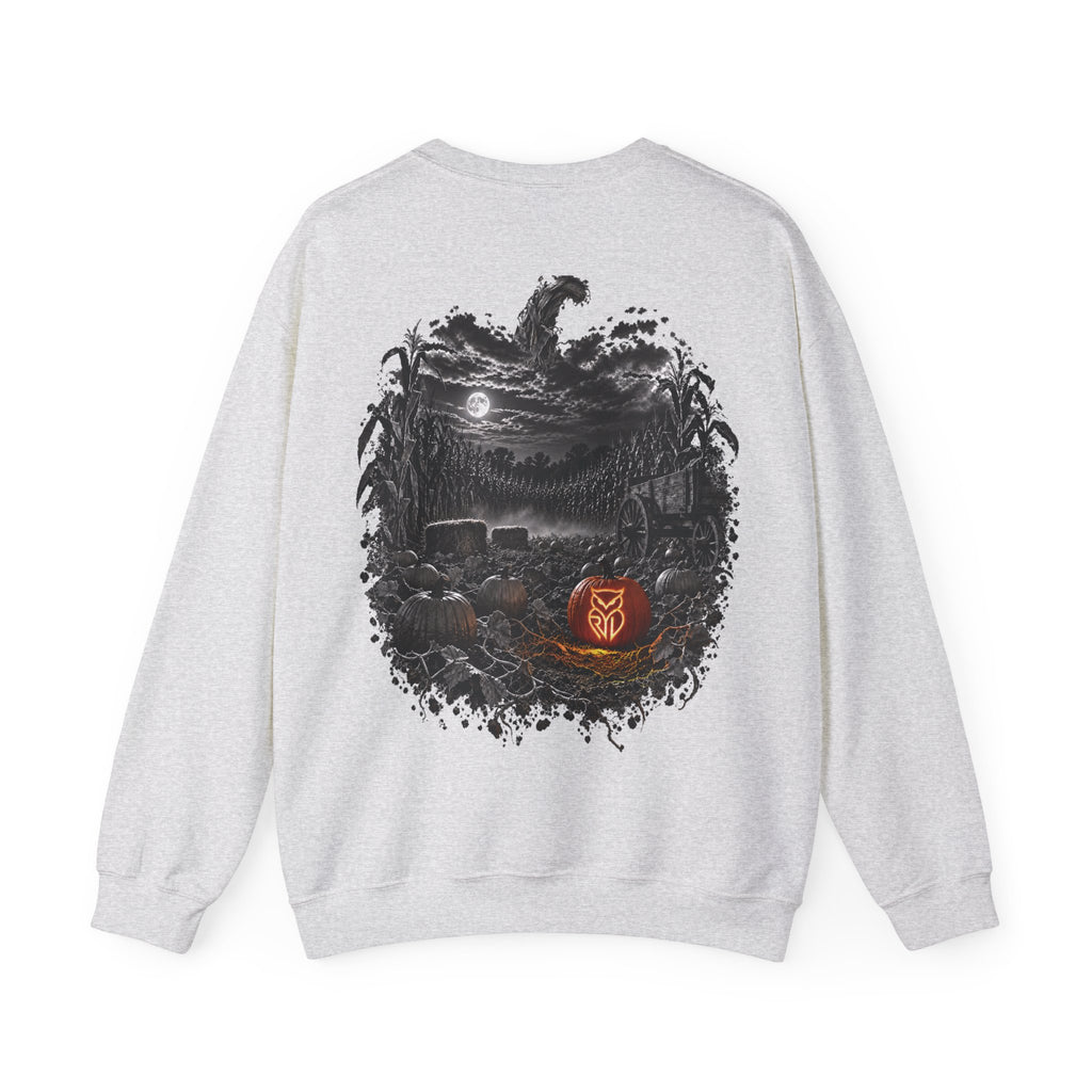 Rare Lab Owl Lantern crewneck sweatshirt: glowing Rare Lab owl jack-o'-lantern on the front, moonlit pumpkin patch scene on the back