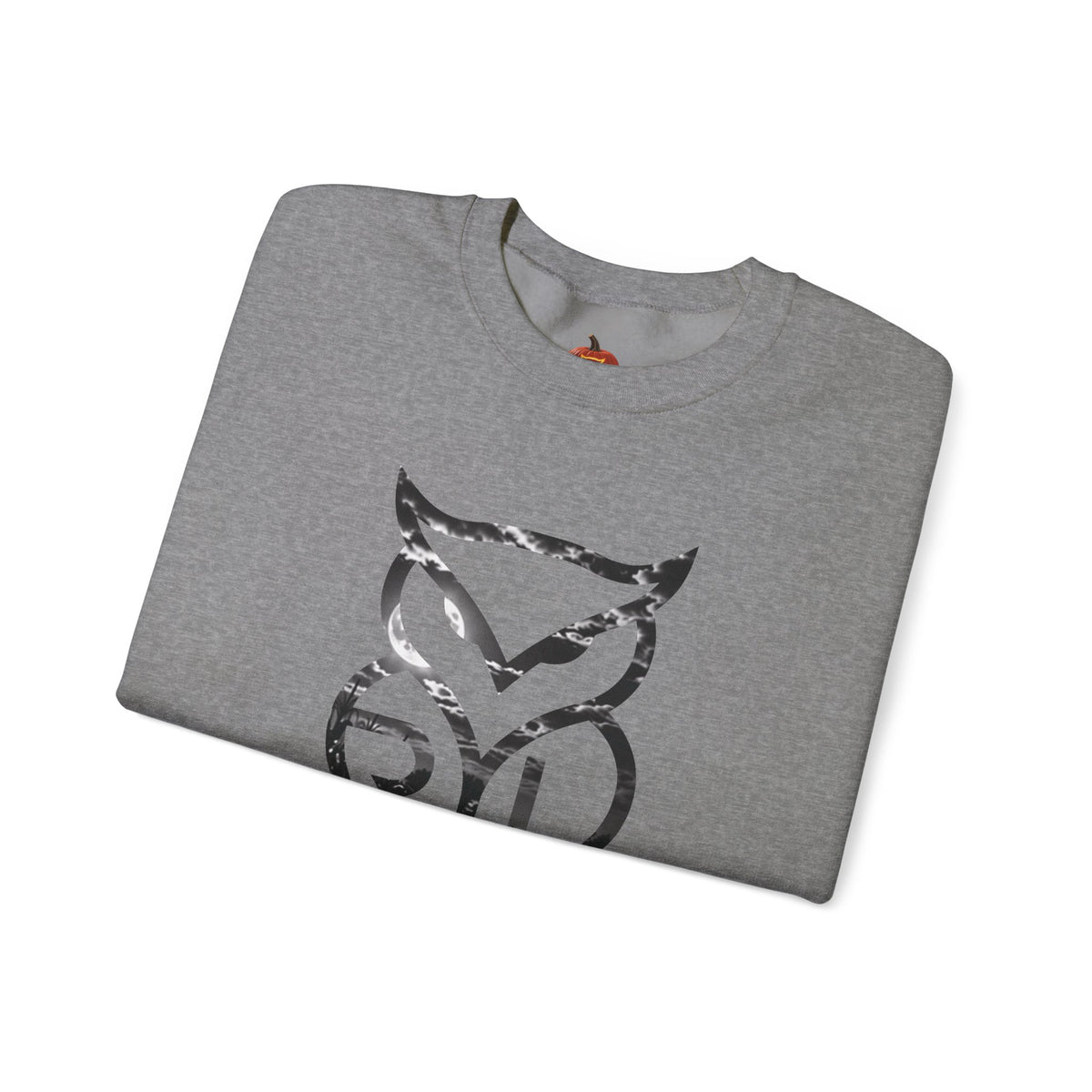 Rare Lab Owl Lantern crewneck sweatshirt: glowing Rare Lab owl jack-o'-lantern on the front, moonlit pumpkin patch scene on the back