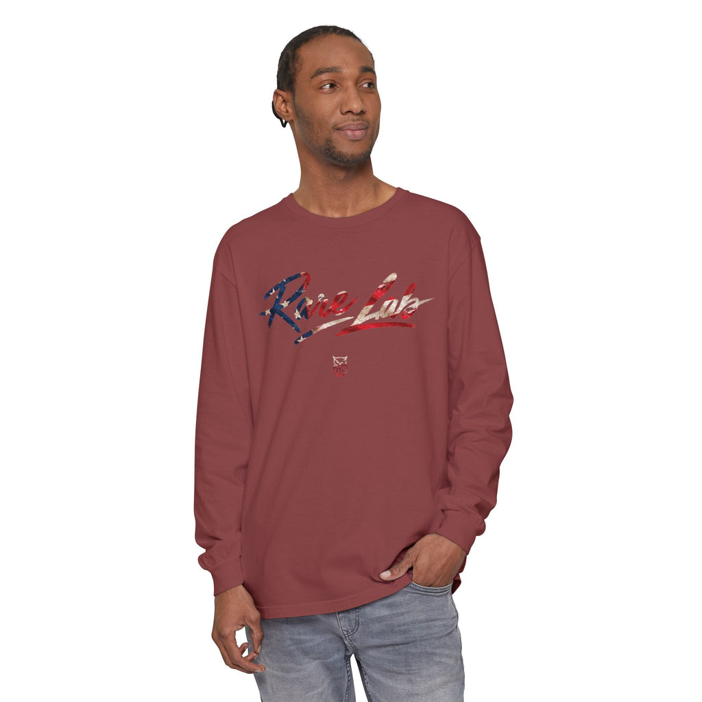 Rare Lab Brush Stroke American Flag long sleeve tee: brush stroke flag script across the chest