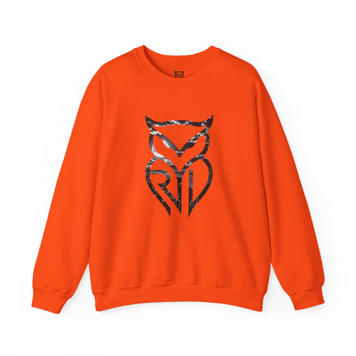 Rare Lab Midnight Owl crewneck in Orange: large night-sky owl on the front, C10 truck under a full moon on the back