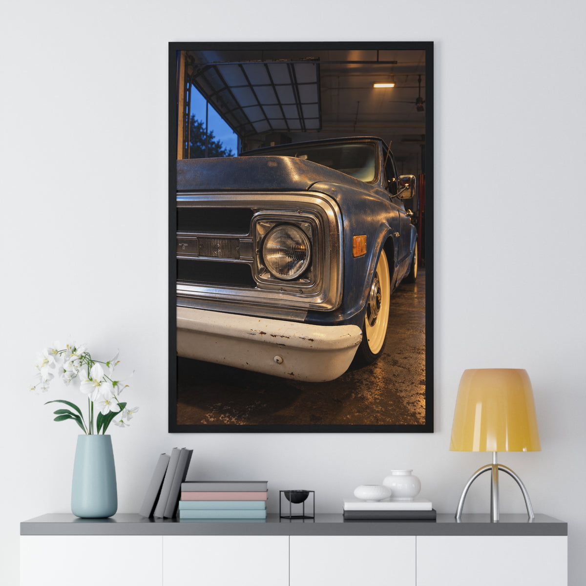Rare Lab Vintage Blue Truck framed poster: close-up of a classic truck's headlight, bumper and whitewall tire