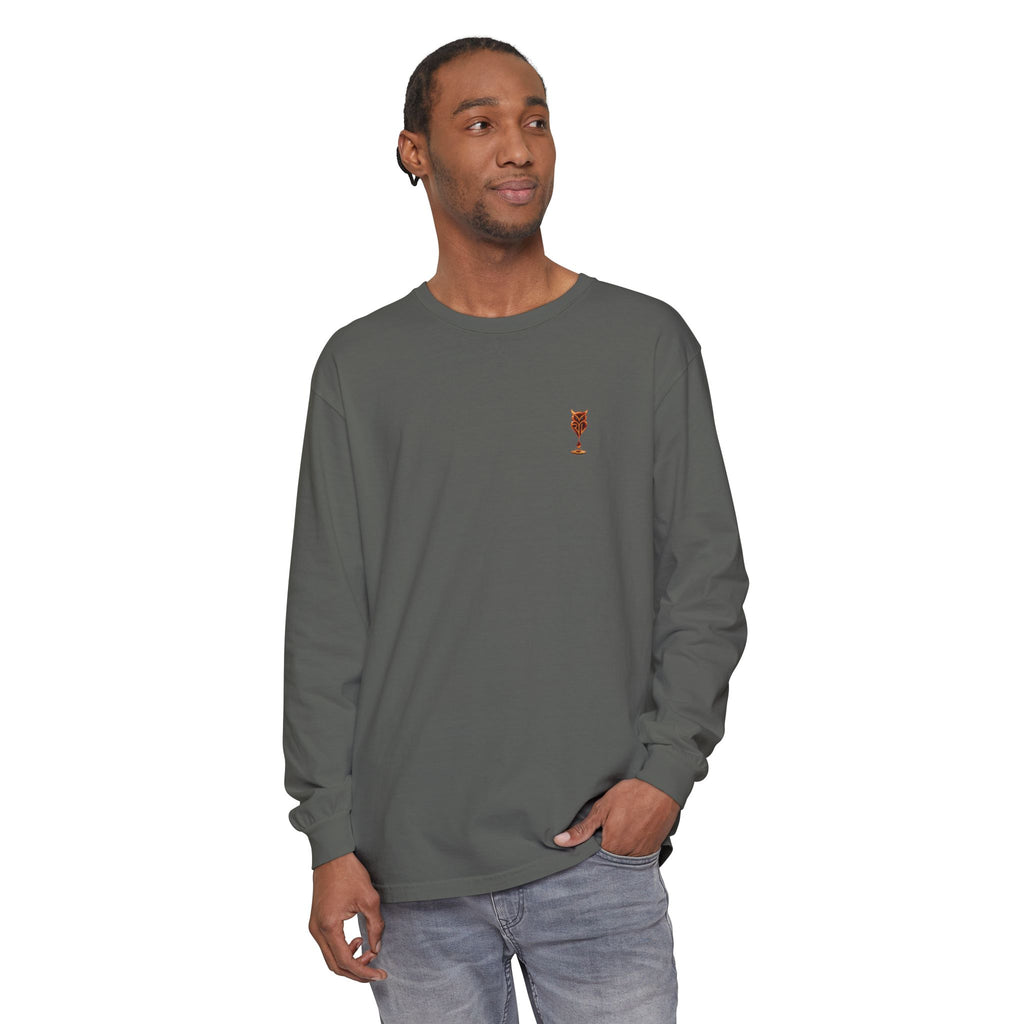 Rare Lab Drip Owl long sleeve tee: Rare Lab owl in glossy amber with an espresso drop, on the left chest