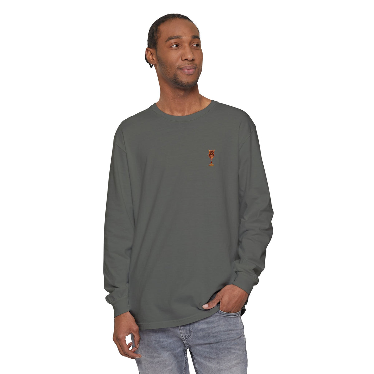 Rare Lab Drip Owl long sleeve tee: Rare Lab owl in glossy amber with an espresso drop, on the left chest