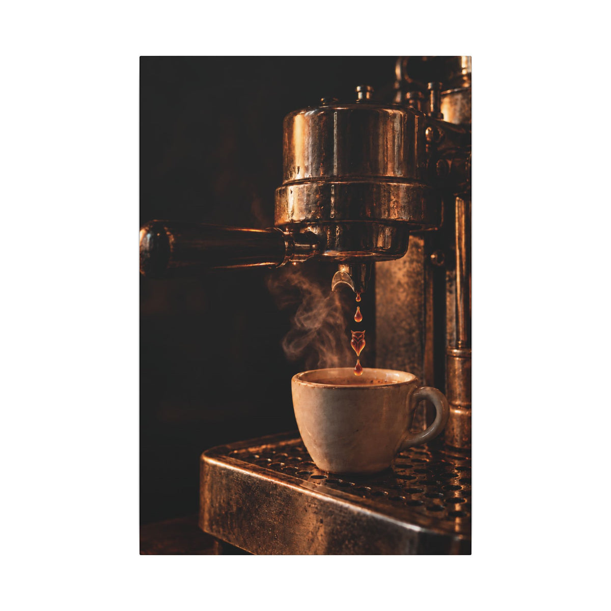 Rare Lab Drip espresso machine canvas: a slow espresso pour and a steaming cup in warm amber tones