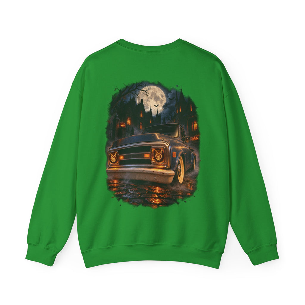 Rare Lab After Dark Midnight crewneck in White: small night-sky owl on the chest, C10 truck under a full moon on the back