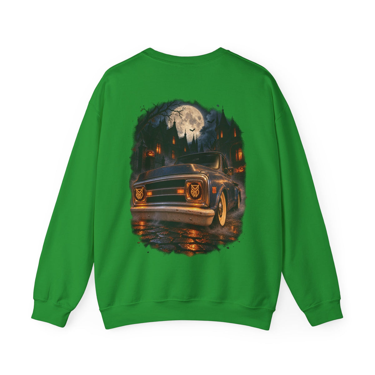 Rare Lab After Dark Midnight crewneck in White: small night-sky owl on the chest, C10 truck under a full moon on the back