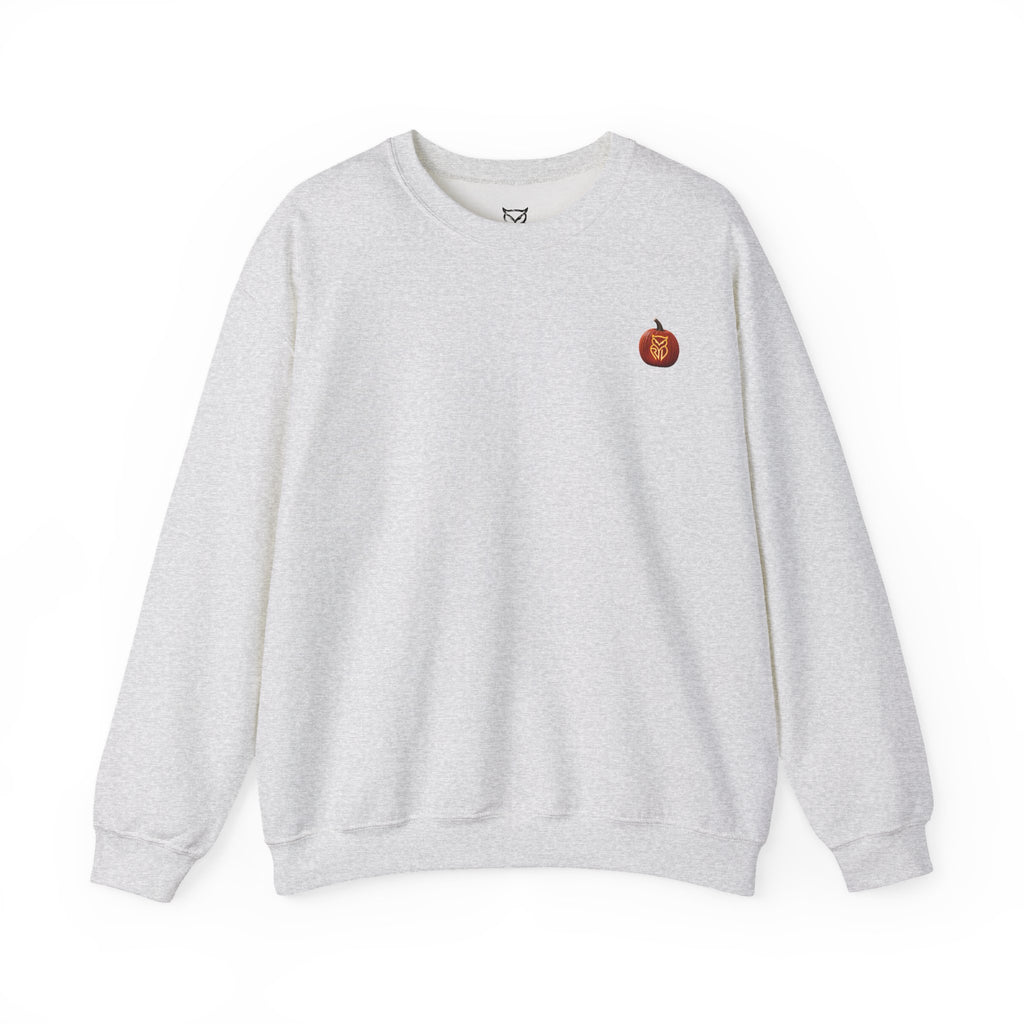 Rare Lab After Dark crewneck sweatshirt: small glowing Rare Lab owl jack-o'-lantern on the chest, C10 truck with owl jack-o'-lantern headlights on the back