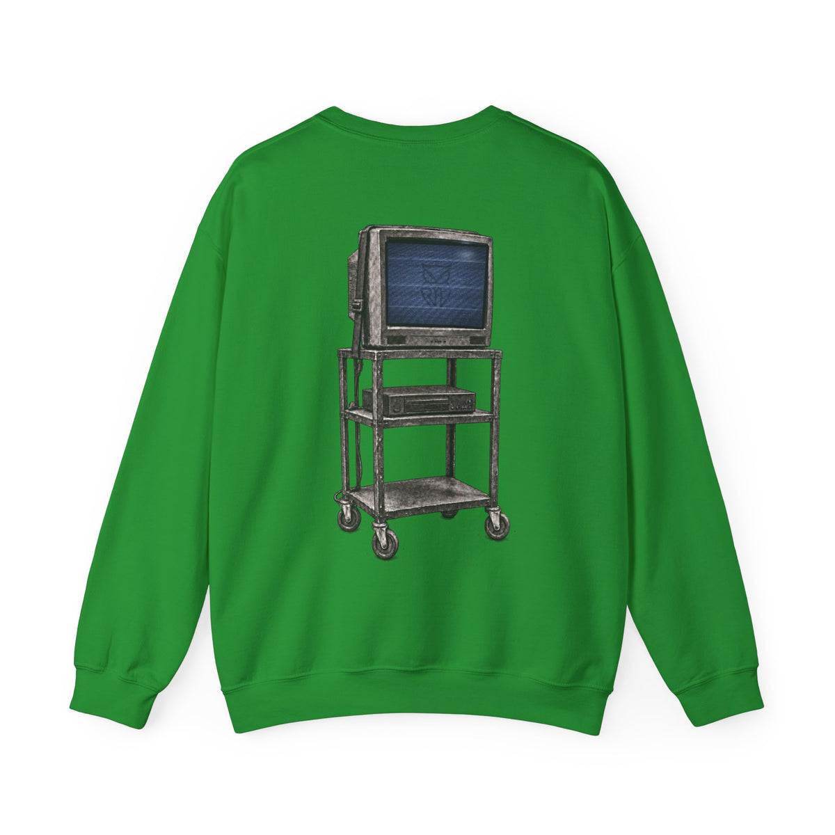 Rare Lab Retro TV Cart crewneck: small owl logo on the chest, faded TV on a rolling cart on the back