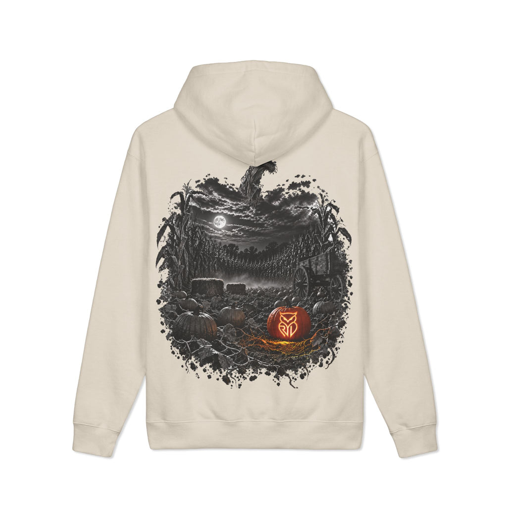 Rare Lab Pumpkin Patch heavyweight hoodie: large moonlit Rare Lab owl on the front, pumpkin patch scene with an owl jack-o'-lantern on the back
