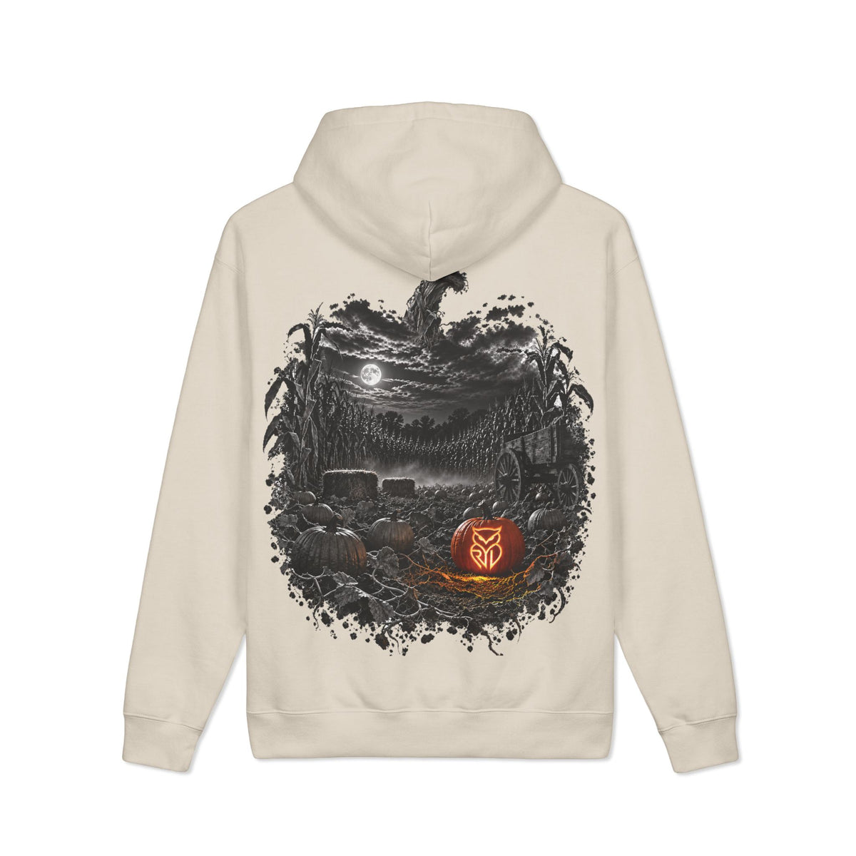 Rare Lab Pumpkin Patch heavyweight hoodie: large moonlit Rare Lab owl on the front, pumpkin patch scene with an owl jack-o'-lantern on the back