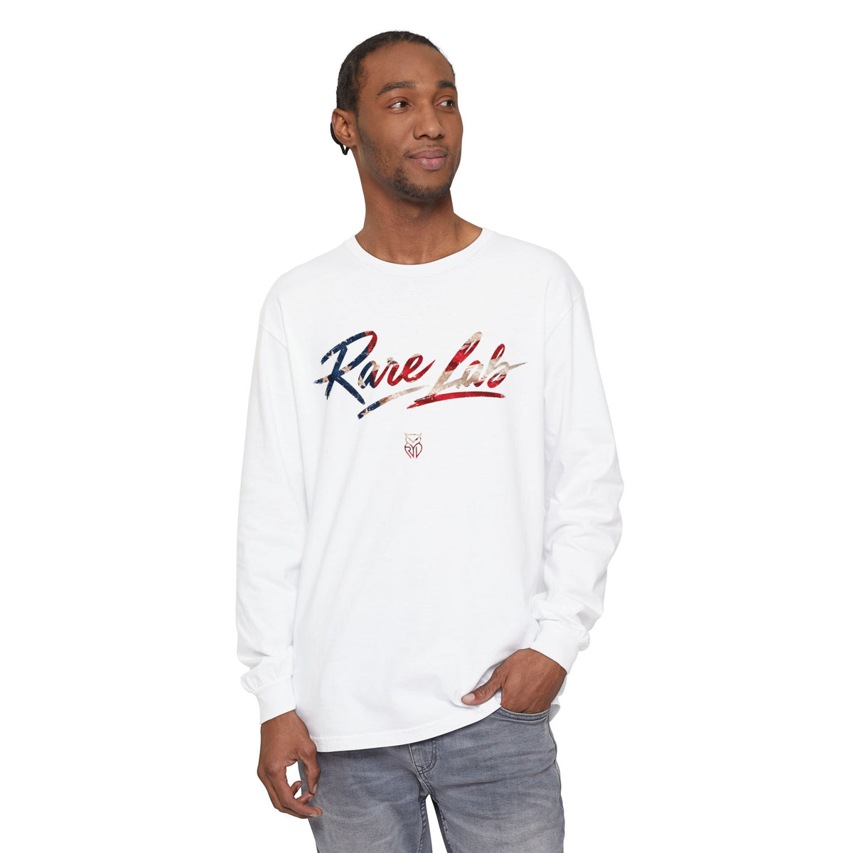 Rare Lab Brush Stroke American Flag long sleeve tee: brush stroke flag script across the chest