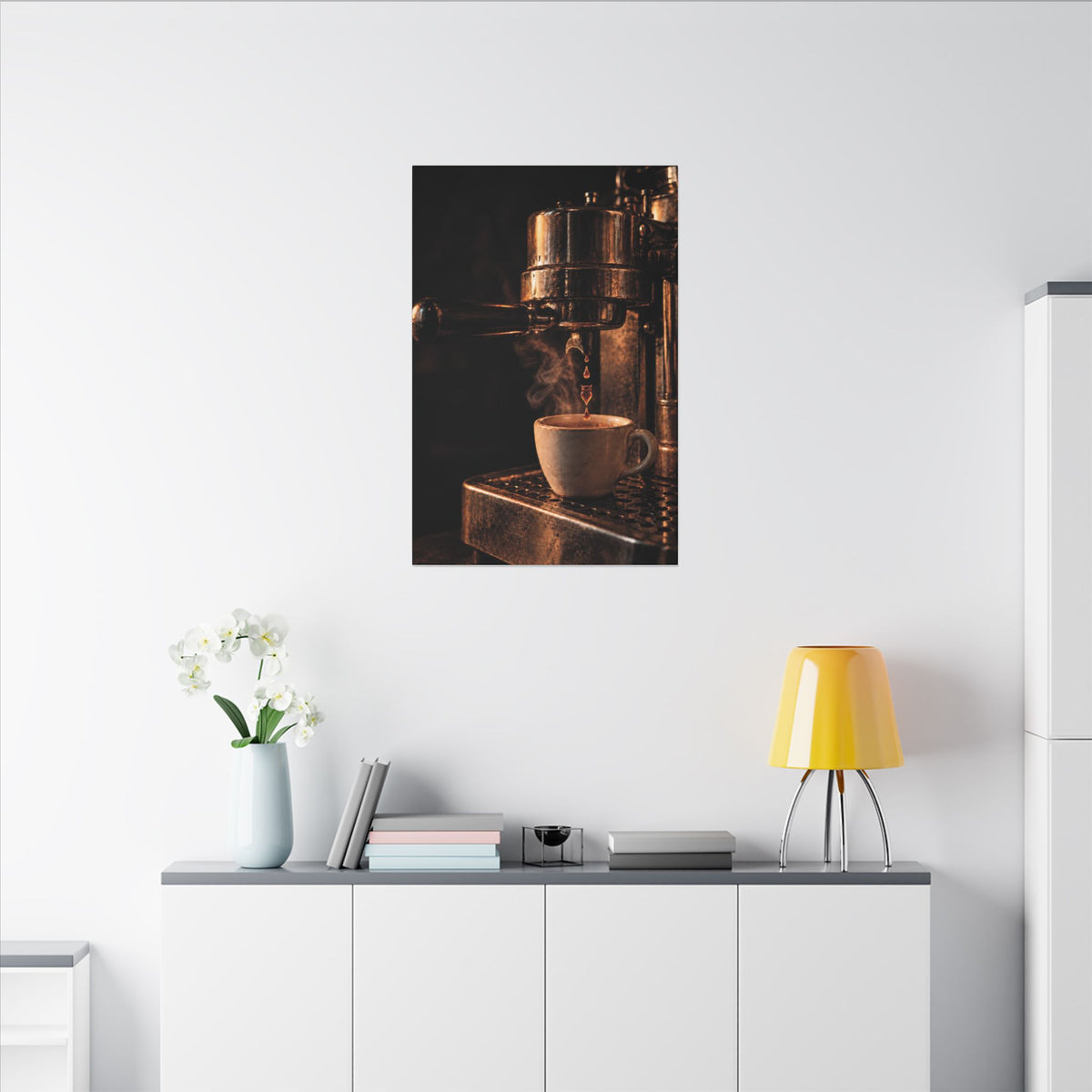 Rare Lab Drip espresso machine canvas: a slow espresso pour and a steaming cup in warm amber tones