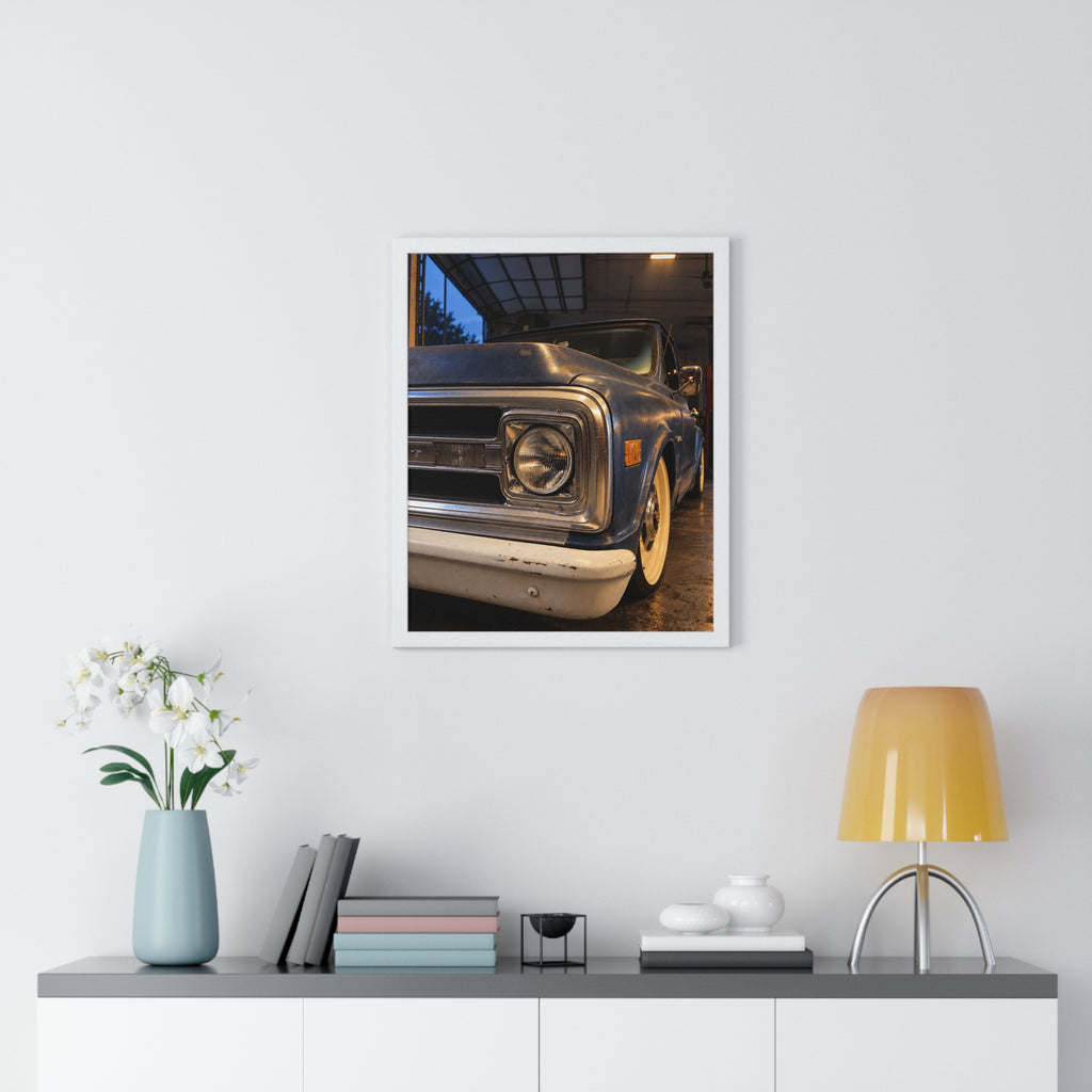 Rare Lab Vintage Blue Truck framed poster: close-up of a classic truck's headlight, bumper and whitewall tire