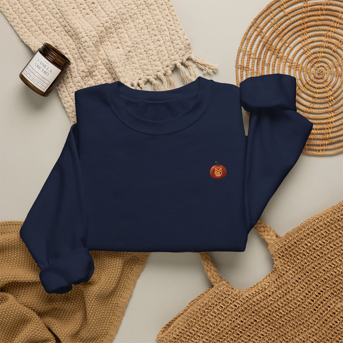 Rare Lab Owl Lantern embroidered crewneck sweatshirt with a small embroidered Rare Lab owl jack-o'-lantern on the chest