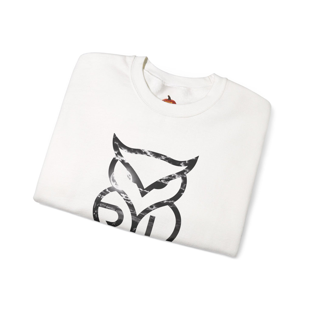 Rare Lab Owl Lantern crewneck sweatshirt: glowing Rare Lab owl jack-o'-lantern on the front, moonlit pumpkin patch scene on the back