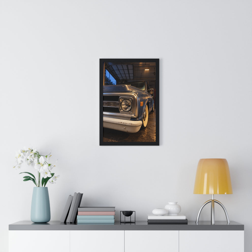 Rare Lab Vintage Blue Truck framed poster: close-up of a classic truck's headlight, bumper and whitewall tire