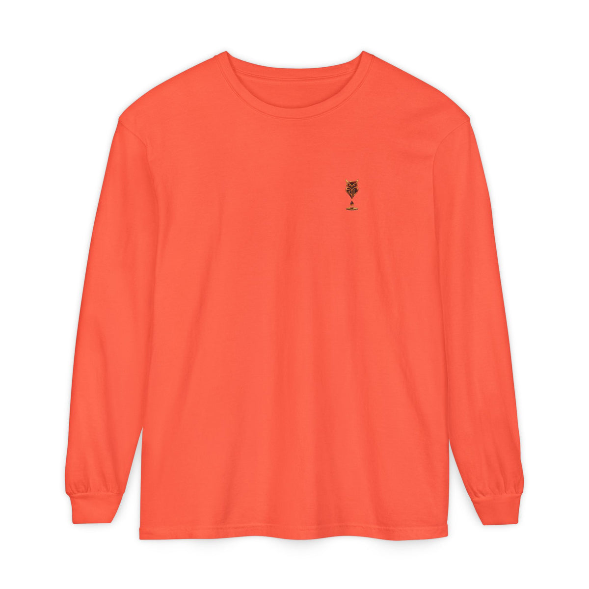 Rare Lab Drip Owl long sleeve tee: Rare Lab owl in glossy amber with an espresso drop, on the left chest