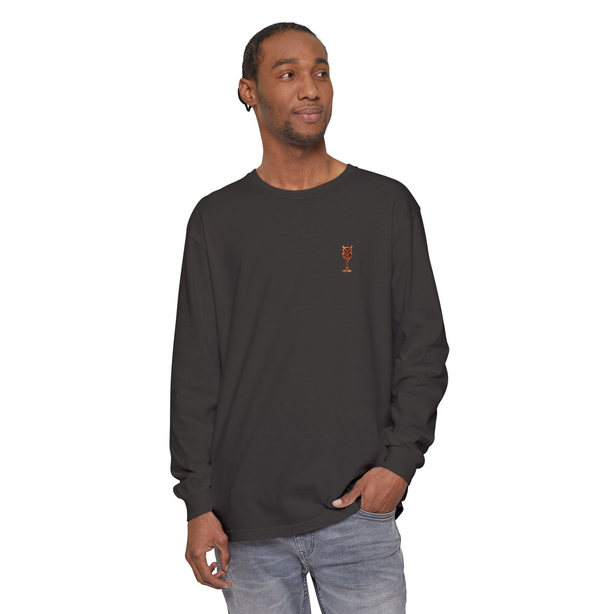 Rare Lab Drip Owl long sleeve tee: Rare Lab owl in glossy amber with an espresso drop, on the left chest