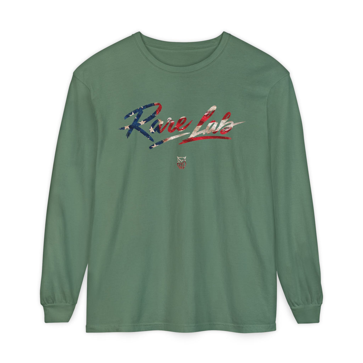 Rare Lab Brush Stroke American Flag long sleeve tee: brush stroke flag script across the chest