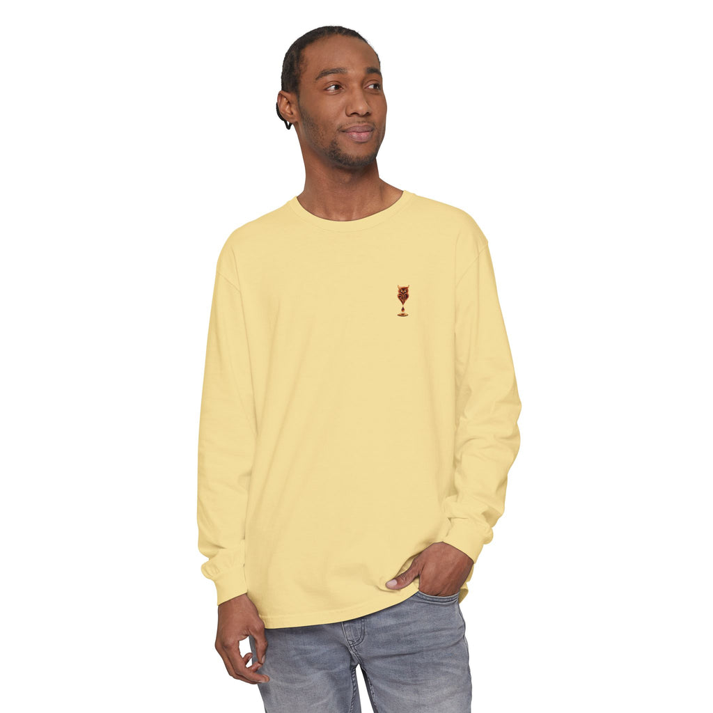 Rare Lab Drip Owl long sleeve tee: Rare Lab owl in glossy amber with an espresso drop, on the left chest