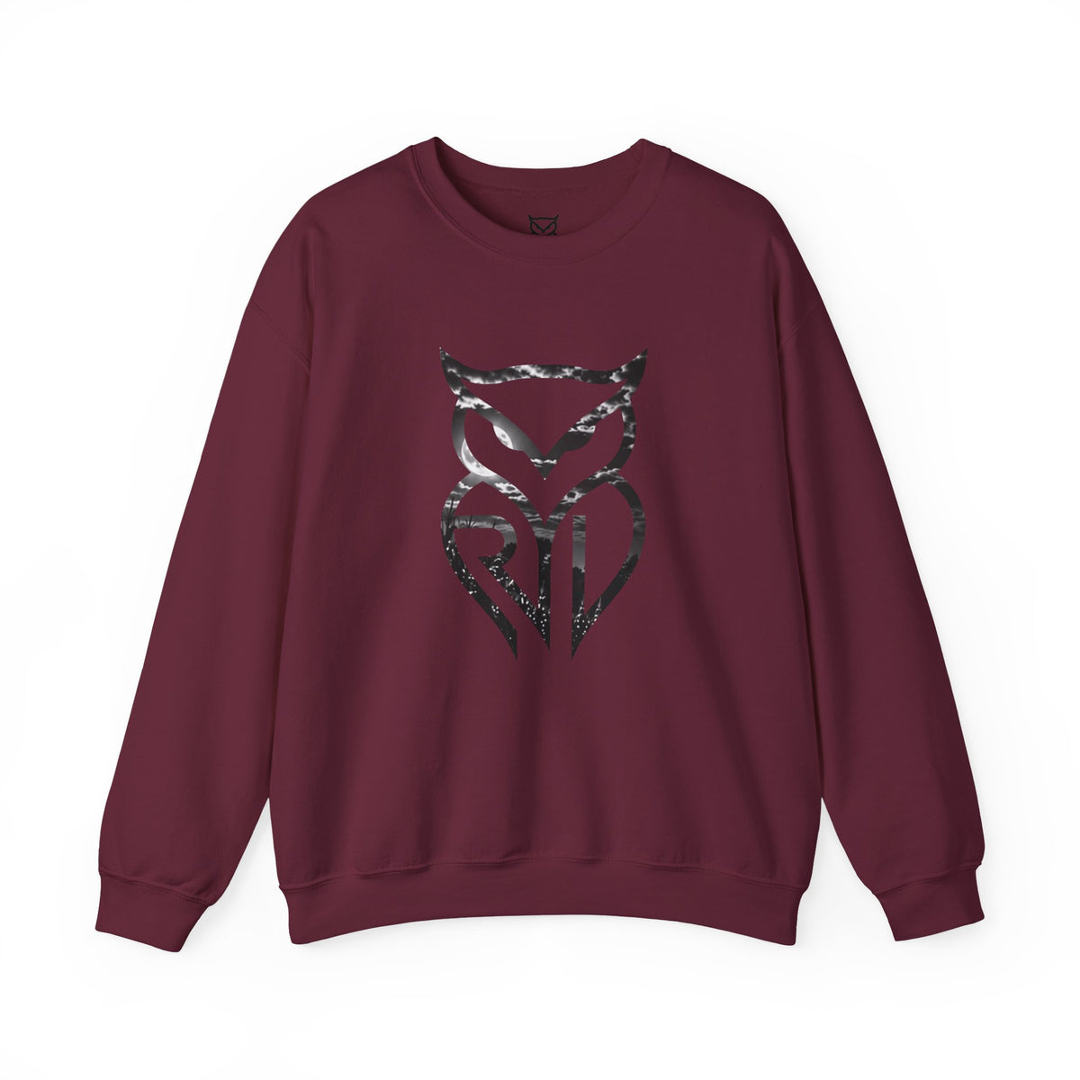 Rare Lab Midnight Owl crewneck in Maroon: large night-sky owl on the front, C10 truck under a full moon on the back