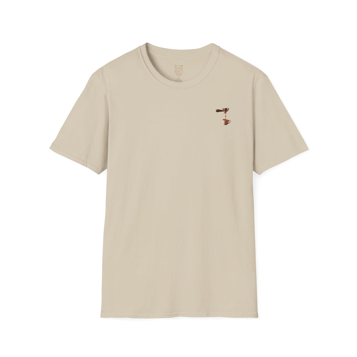 Rare Lab Espresso Drip tee: small Rare Lab Drip espresso design on the chest