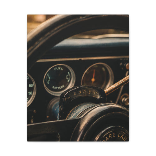 Rare Lab GT Column Shift canvas: close-up of a vintage steering column and wheel in cool blue tones