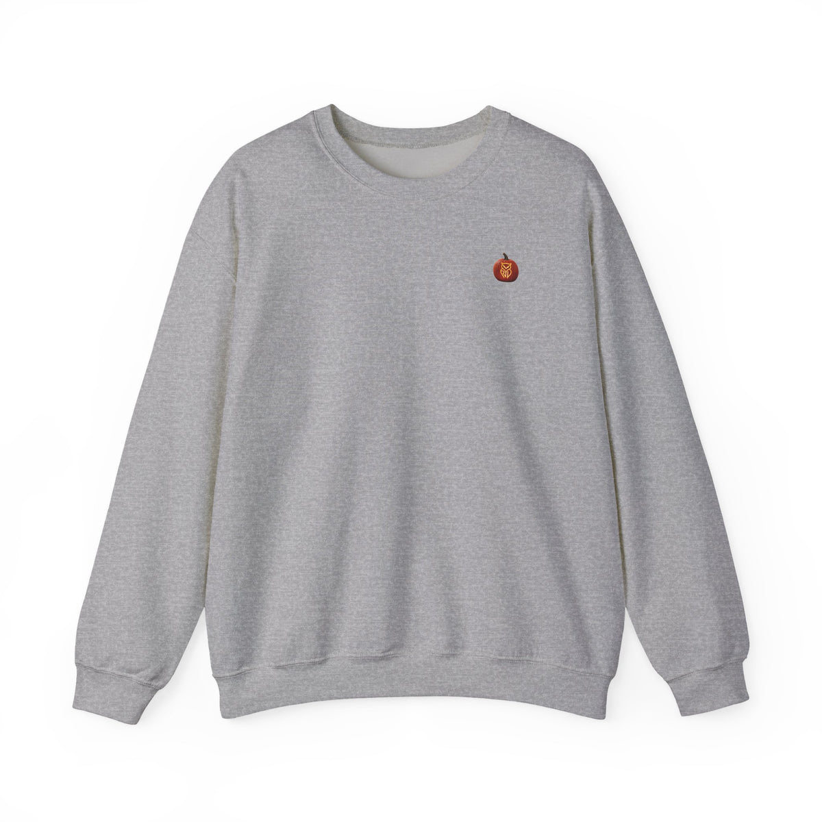 Rare Lab Owl Lantern embroidered crewneck sweatshirt with a small embroidered Rare Lab owl jack-o'-lantern on the chest