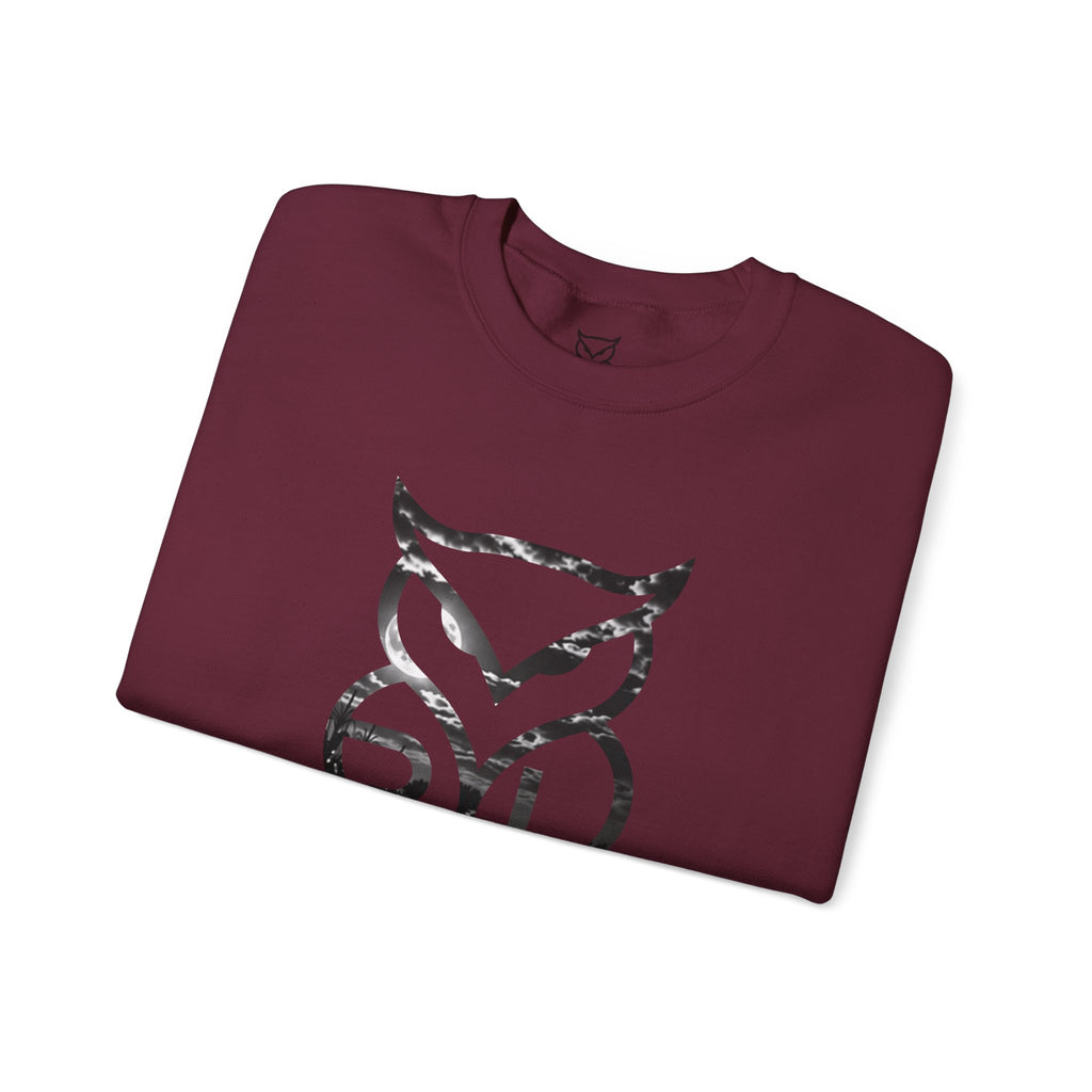 Rare Lab Midnight Owl crewneck in Maroon: large night-sky owl on the front, C10 truck under a full moon on the back