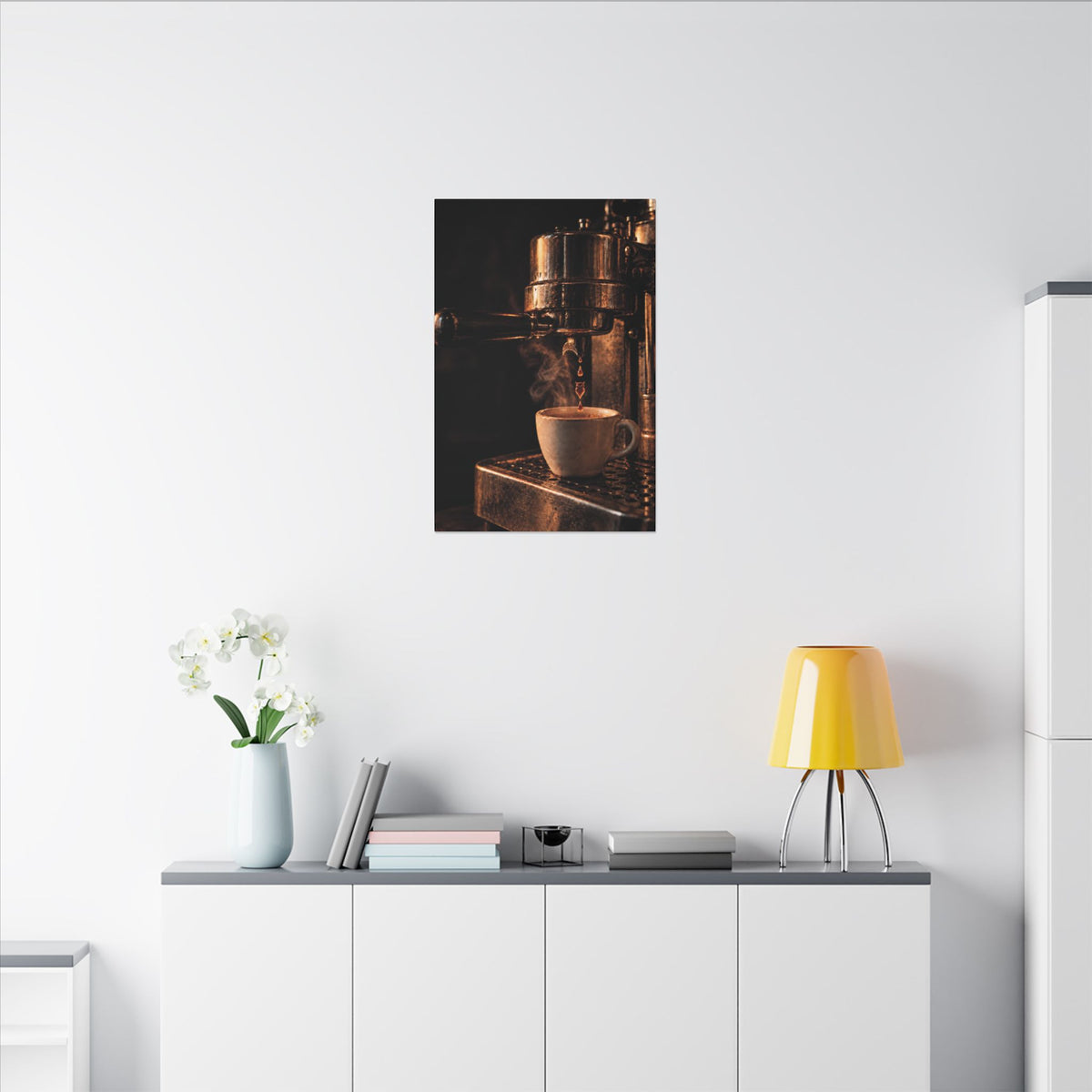 Rare Lab Drip espresso machine canvas: a slow espresso pour and a steaming cup in warm amber tones